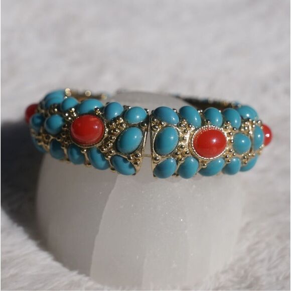 J.Crew Faux Gold Turquoise Coral Stretch Bracelet - Picture 3 of 6
